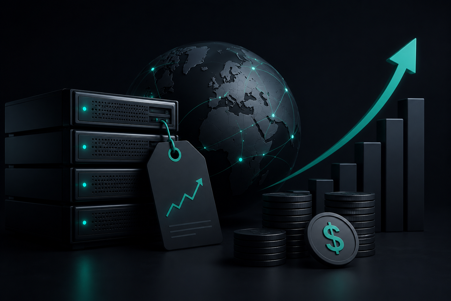 hosting renewal prices illustration with servers and growth chart